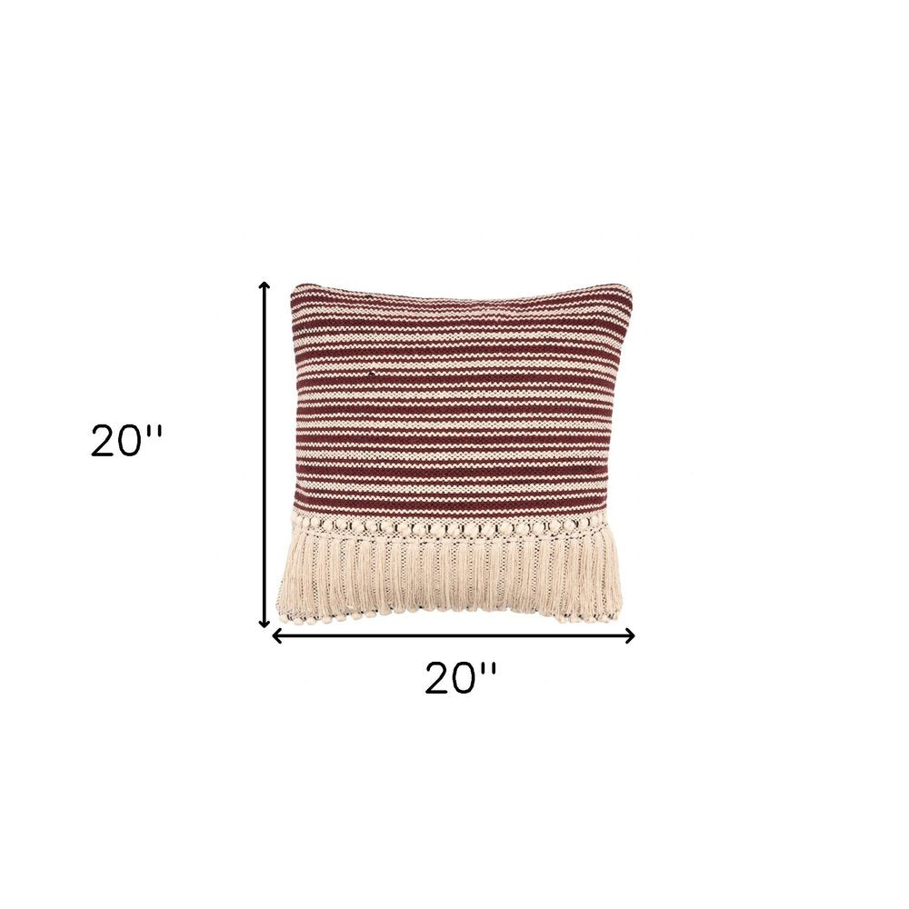 20" Maroon And Tan Cotton Striped Throw Pillow with Fringe