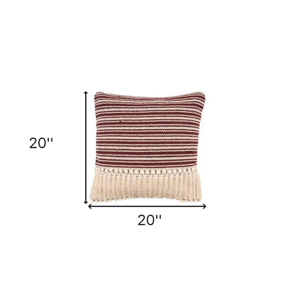 20" Maroon And Tan Cotton Striped Throw Pillow with Fringe