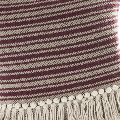 20" Maroon And Tan Cotton Striped Throw Pillow with Fringe