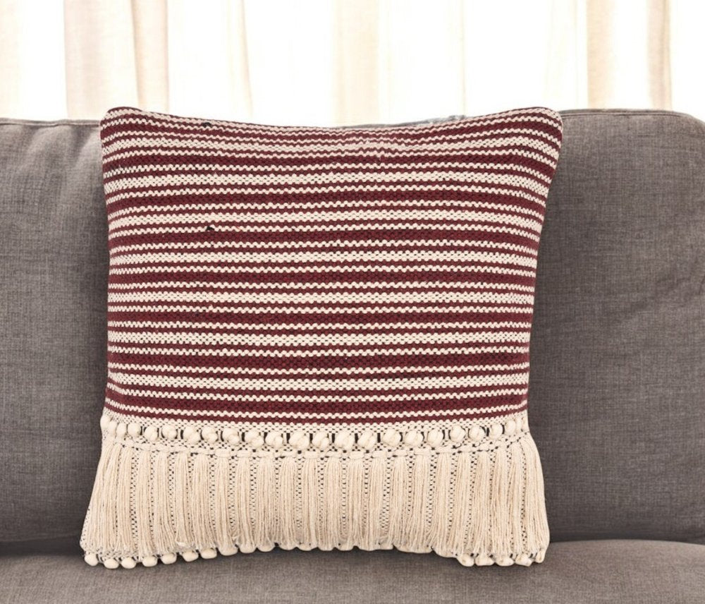 20" Maroon And Tan Cotton Striped Throw Pillow with Fringe