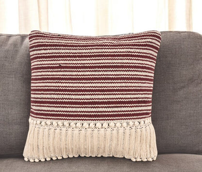 20" Maroon And Tan Cotton Striped Throw Pillow with Fringe
