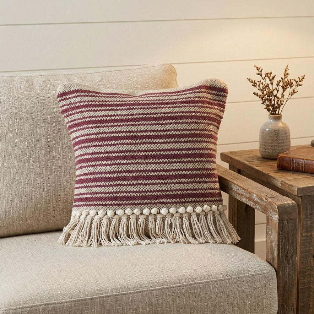 20" Maroon And Tan Cotton Striped Throw Pillow with Fringe