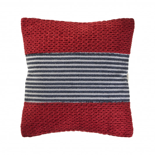 20" X 20" Red And Blue 100% Cotton Striped Zippered Pillow