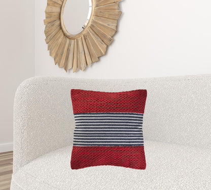 20" X 20" Red And Blue 100% Cotton Striped Zippered Pillow