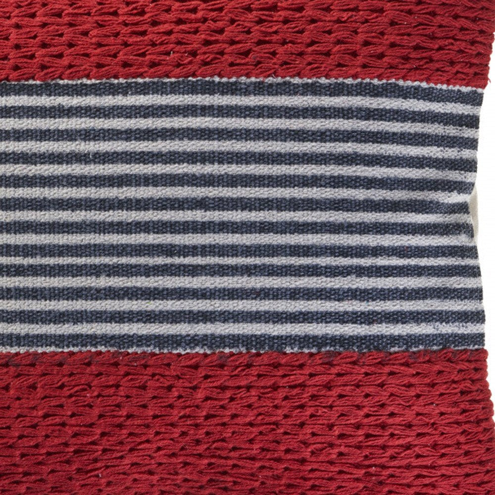 20" Blue And Red Cotton Striped Throw Pillow