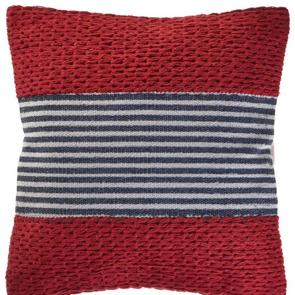 20" Blue And Red Cotton Striped Throw Pillow