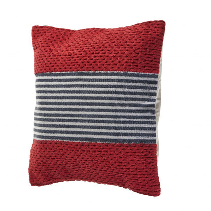 20" Blue And Red Cotton Striped Throw Pillow