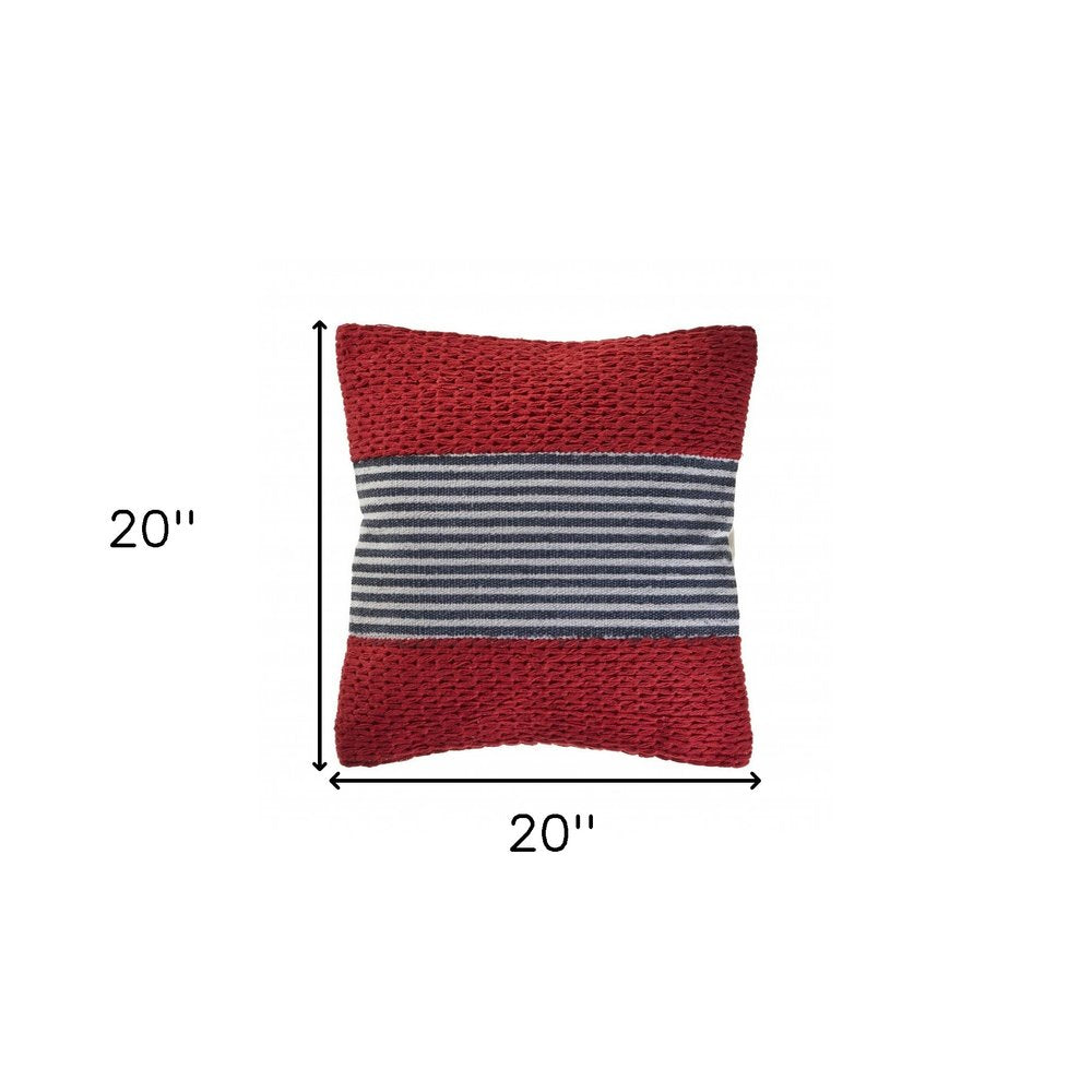 20" Blue And Red Cotton Striped Throw Pillow