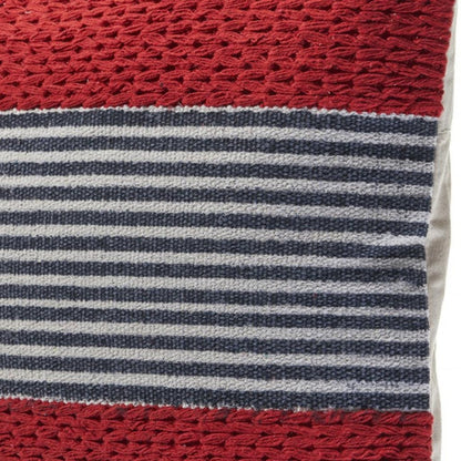 20" Blue And Red Cotton Striped Throw Pillow