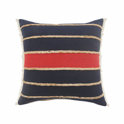 20" X 20" Navy Red And Tan 100% Cotton Striped Zippered Pillow