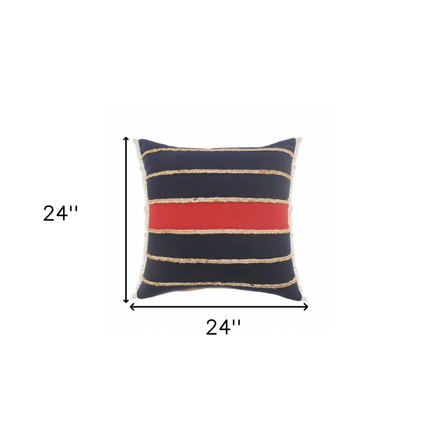 20" X 20" Navy Red And Tan 100% Cotton Striped Zippered Pillow