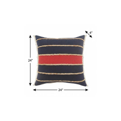 24" X 24" Navy Red And Tan 100% Cotton Striped Zippered Pillow