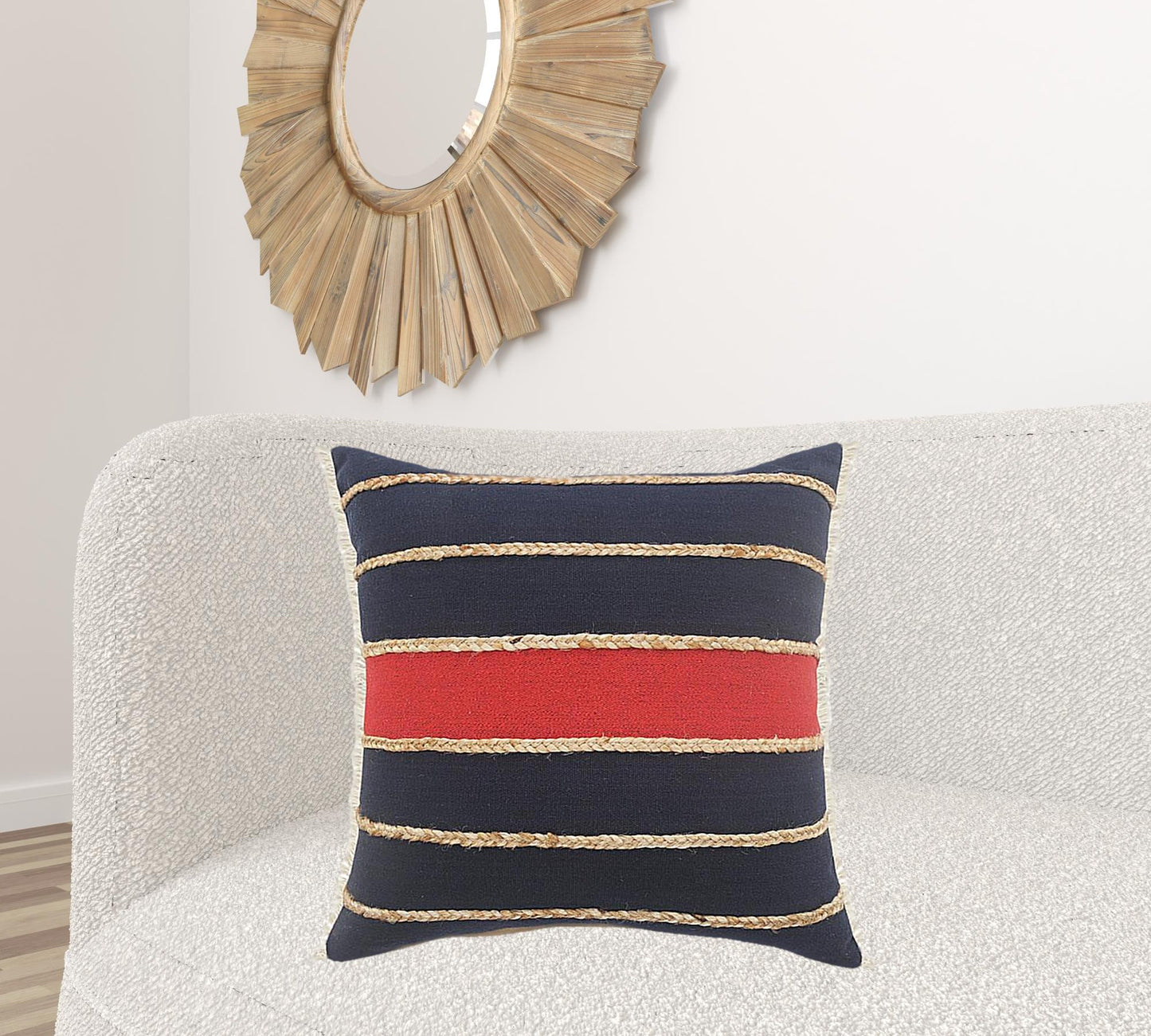 20" X 20" Navy Red And Tan 100% Cotton Striped Zippered Pillow