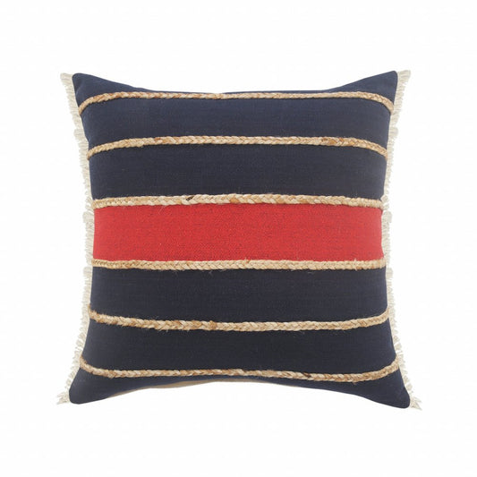 24" X 24" Navy Red And Tan 100% Cotton Striped Zippered Pillow