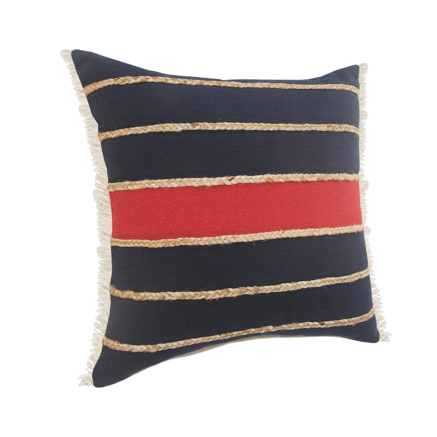 20" X 20" Navy Red And Tan 100% Cotton Striped Zippered Pillow