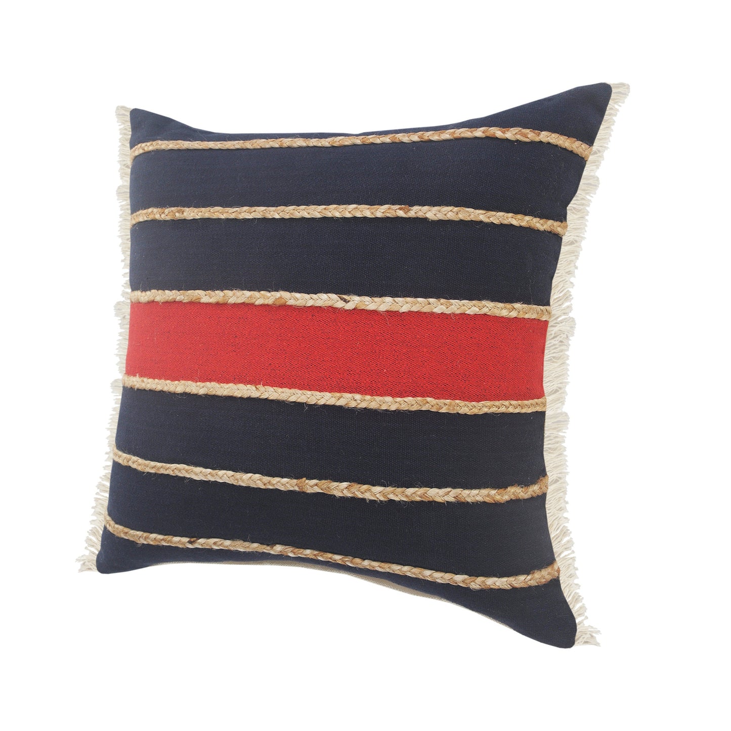 20" X 20" Navy Red And Tan 100% Cotton Striped Zippered Pillow