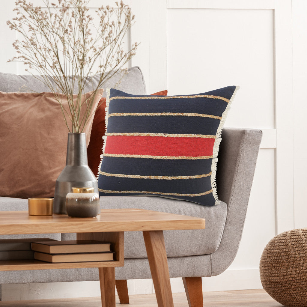 20" X 20" Navy Red And Tan 100% Cotton Striped Zippered Pillow