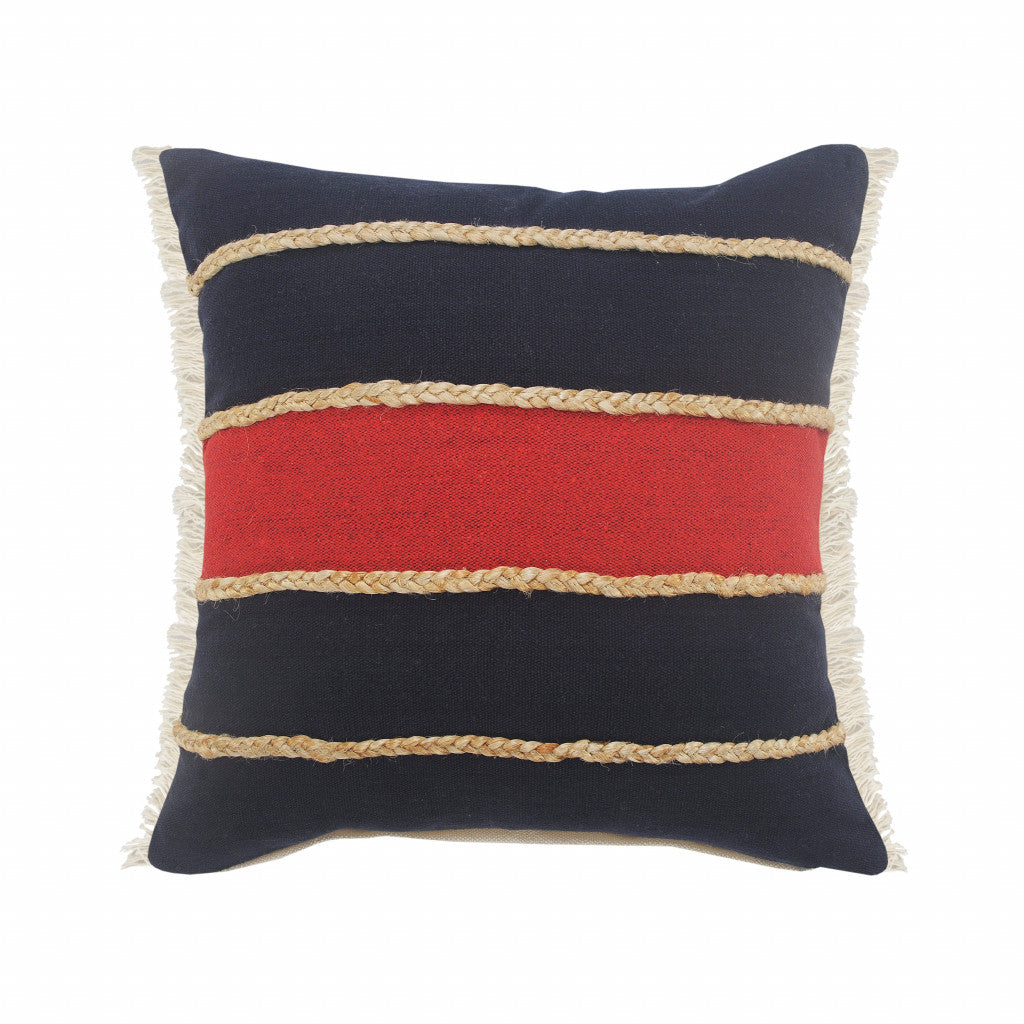 20" X 20" Navy Red And Tan 100% Cotton Striped Zippered Pillow