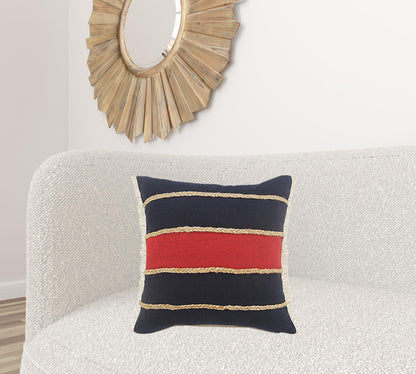 20" X 20" Navy Red And Tan 100% Cotton Striped Zippered Pillow