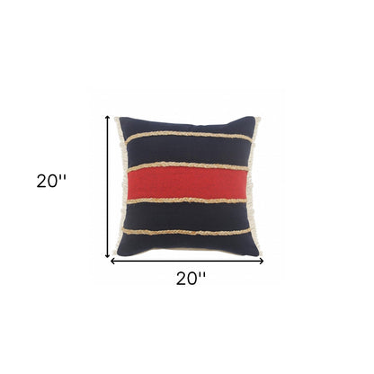 20" X 20" Navy Red And Tan 100% Cotton Striped Zippered Pillow