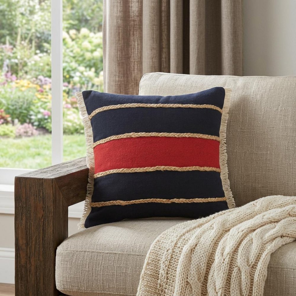 24" X 24" Navy Red And Tan 100% Cotton Striped Zippered Pillow