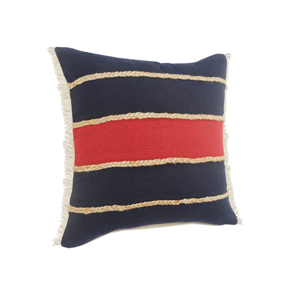 20" X 20" Navy Red And Tan 100% Cotton Striped Zippered Pillow