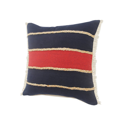 20" X 20" Navy Red And Tan 100% Cotton Striped Zippered Pillow