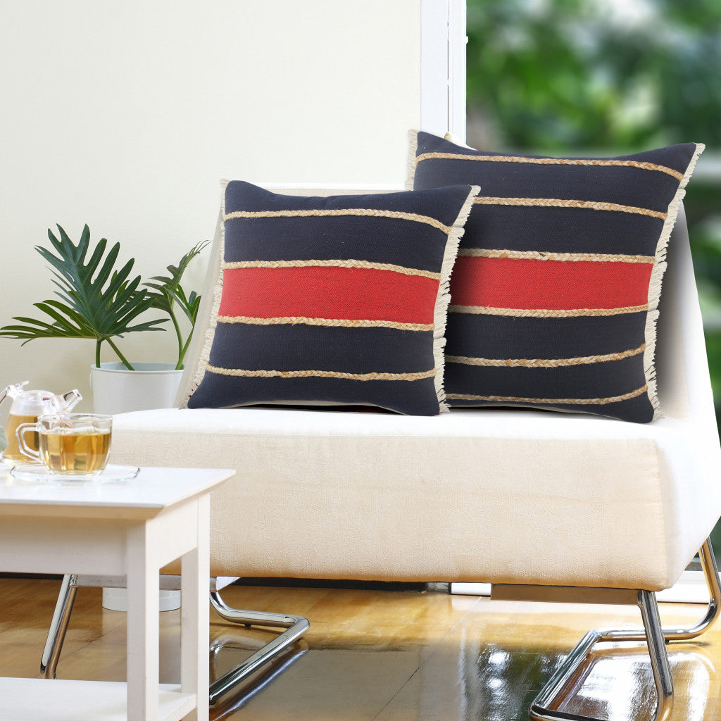 20" X 20" Navy Red And Tan 100% Cotton Striped Zippered Pillow