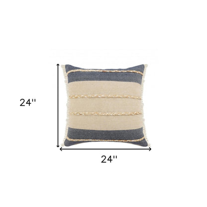20" X 20" Denim Blue Tan And Taupe Jute Coastal Zippered Pillow