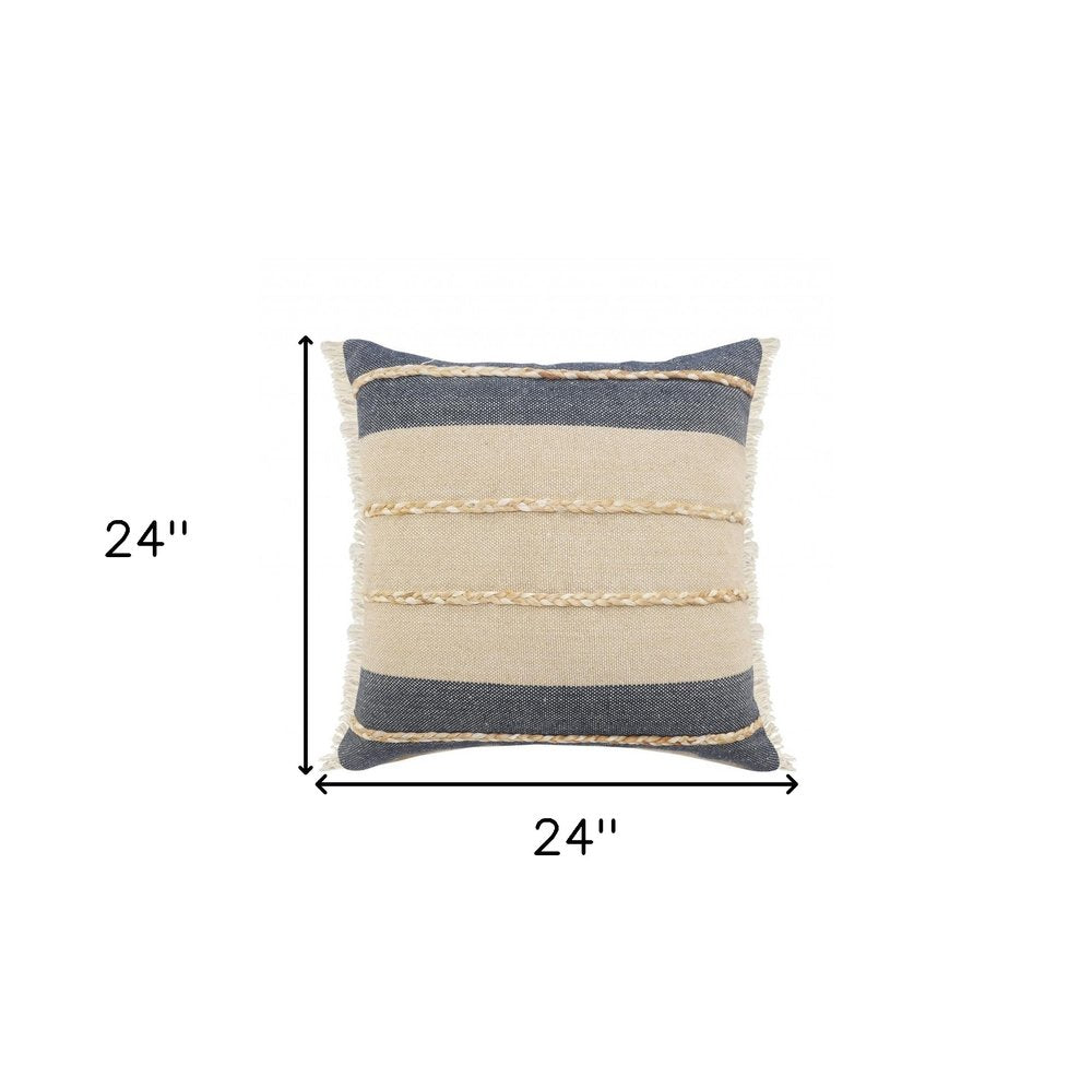 20" X 20" Denim Blue Tan And Taupe Jute Coastal Zippered Pillow