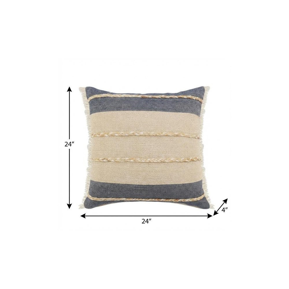 24" Denim Blue And Taupe Jute Coastal Throw Pillow with Fringe