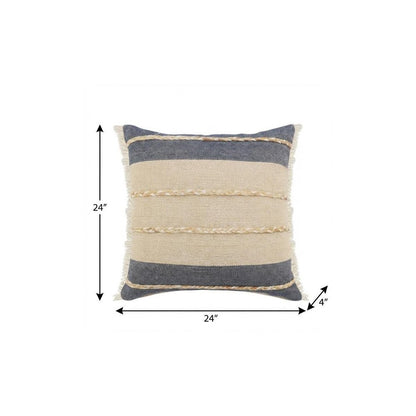 24" Denim Blue And Taupe Jute Coastal Throw Pillow with Fringe