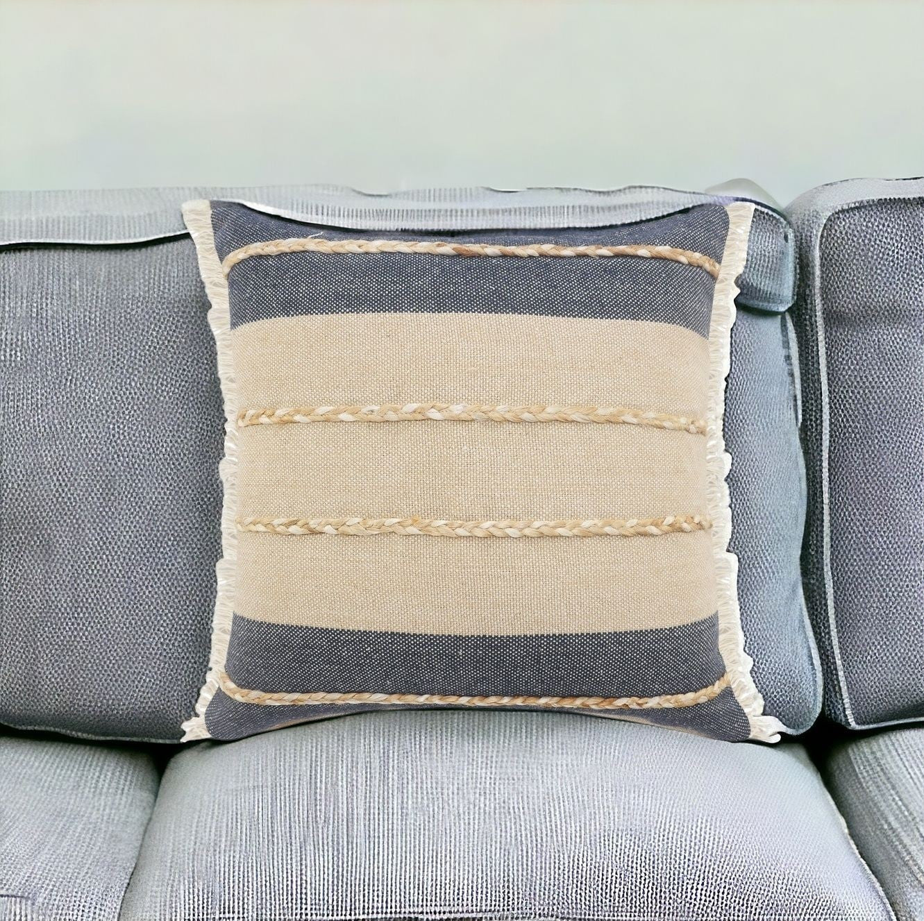 24" X 24" Denim Blue Tan And Taupe Jute Coastal Zippered Pillow