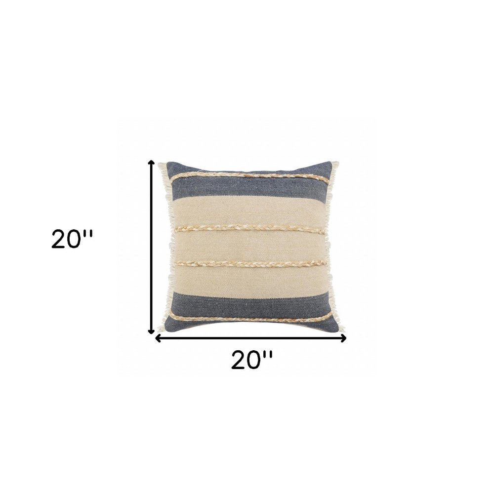 20" X 20" Denim Blue Tan And Taupe Jute Coastal Zippered Pillow