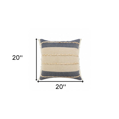 20" X 20" Denim Blue Tan And Taupe Jute Coastal Zippered Pillow