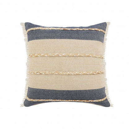 24" Denim Blue And Taupe Jute Coastal Throw Pillow with Fringe