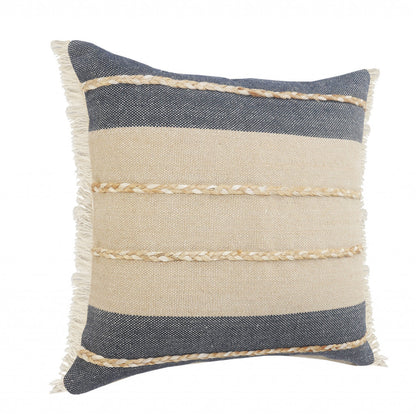 24" X 24" Denim Blue Tan And Taupe Jute Coastal Zippered Pillow