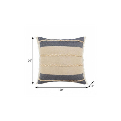 24" Denim Blue And Taupe Jute Coastal Throw Pillow with Fringe
