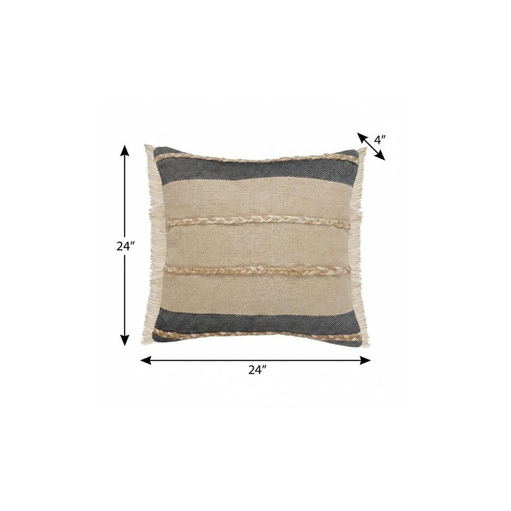 20" X 20" Beige And Ivory Jute Striped Zippered Pillow With Fringe