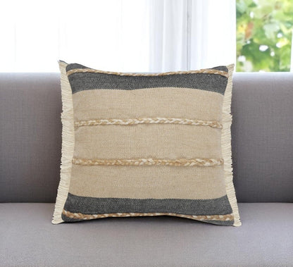 20" X 20" Beige And Ivory Jute Striped Zippered Pillow With Fringe