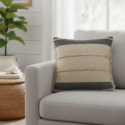 20" X 20" Beige And Ivory Jute Striped Zippered Pillow With Fringe