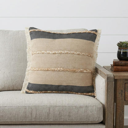 20" X 20" Beige And Ivory Jute Striped Zippered Pillow With Fringe