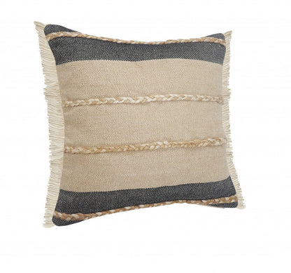 24" Black And Tan Striped Cotton And Jute Throw Pillow with Fringe