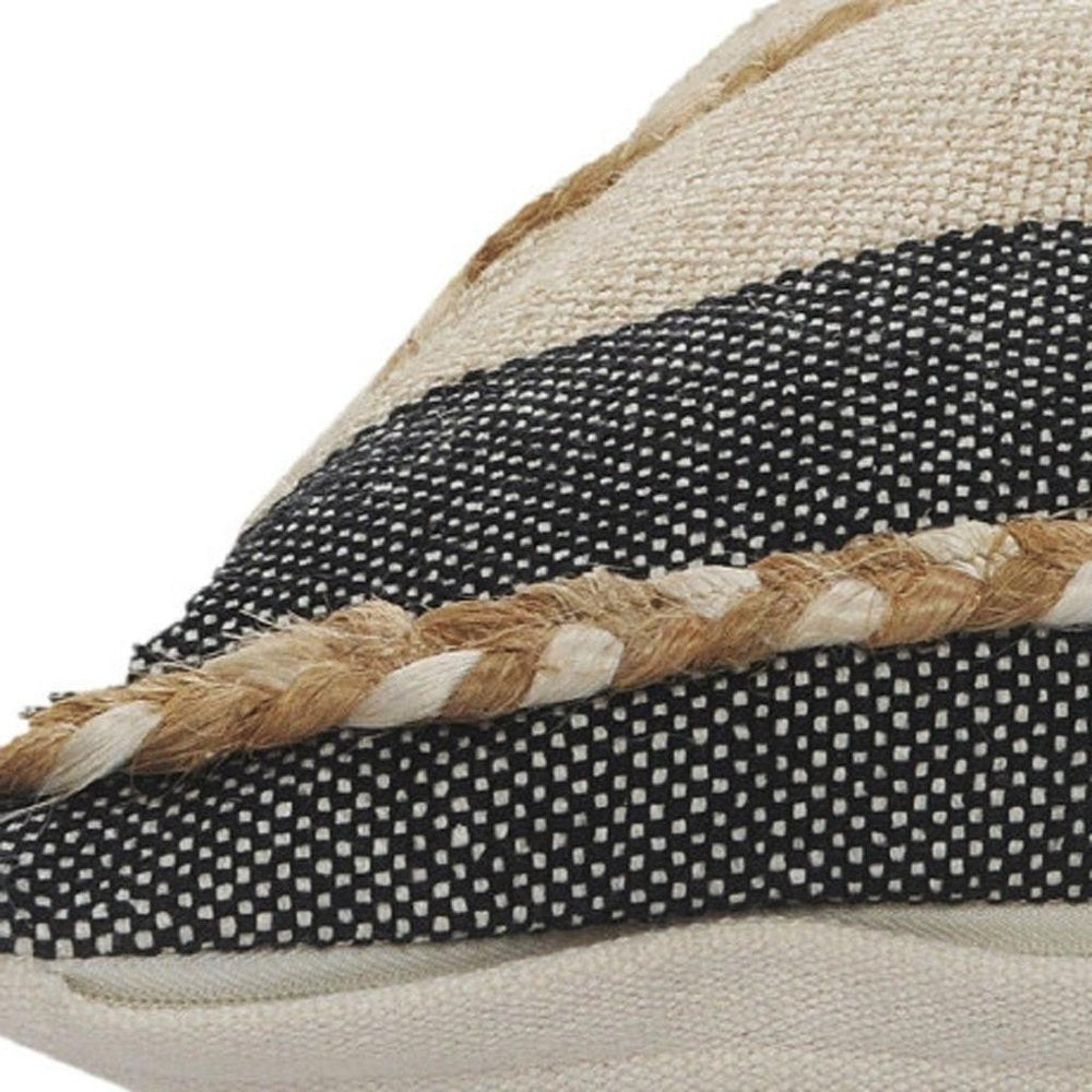 20" X 20" Beige And Ivory Jute Striped Zippered Pillow With Fringe
