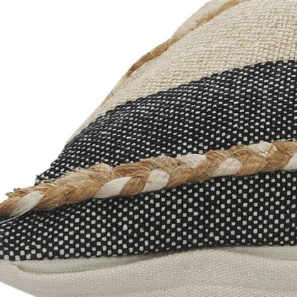 20" X 20" Beige And Ivory Jute Striped Zippered Pillow With Fringe