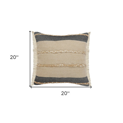 20" X 20" Beige And Ivory Jute Striped Zippered Pillow With Fringe