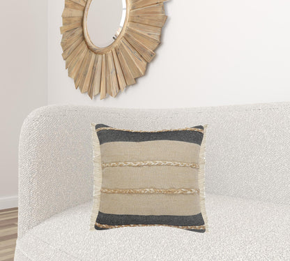 20" X 20" Beige And Ivory Jute Striped Zippered Pillow With Fringe