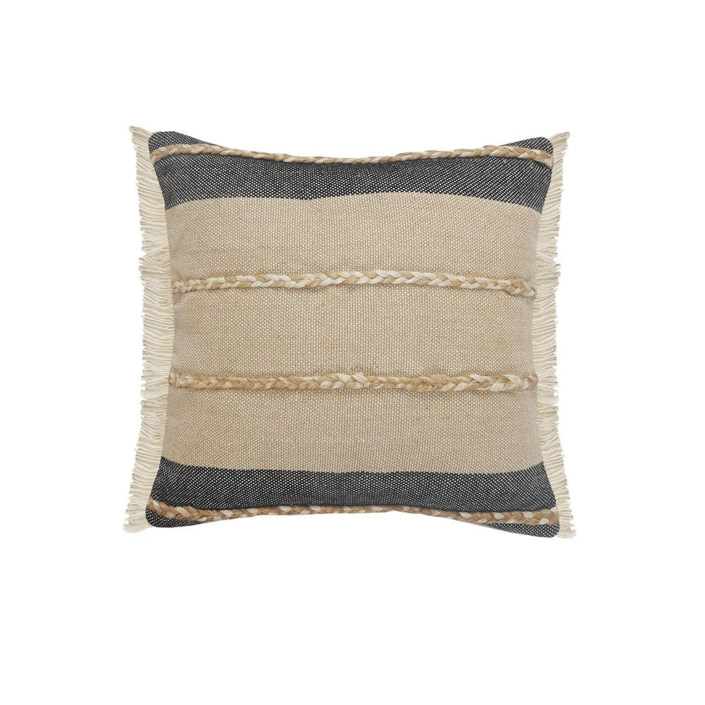 24" Black And Tan Striped Cotton And Jute Throw Pillow with Fringe