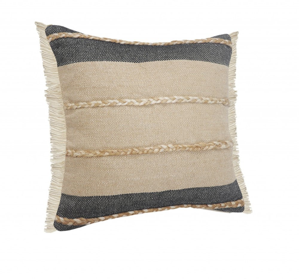 24" Black And Tan Striped Cotton And Jute Throw Pillow with Fringe