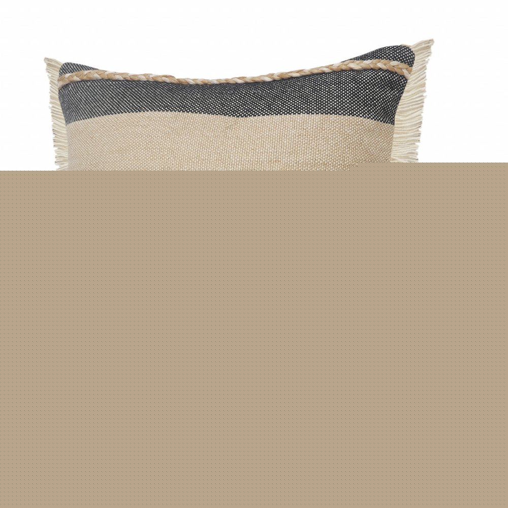 20" X 20" Beige And Ivory Jute Striped Zippered Pillow With Fringe